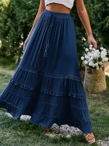 Simplee Casual Vacation Western-Style Women Fringe Hemline A-Line Skirt, Summer - Blue - View 3