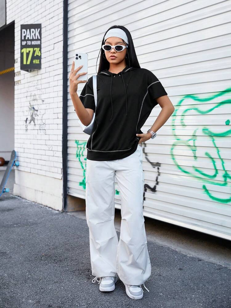 Drawstring Hooded Short Sleeve T-Shirt With Visible Stitching