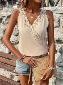 SHEIN LUNE 女性蕾絲修邊包裝式無袖背心 - 杏色 - 查看 4