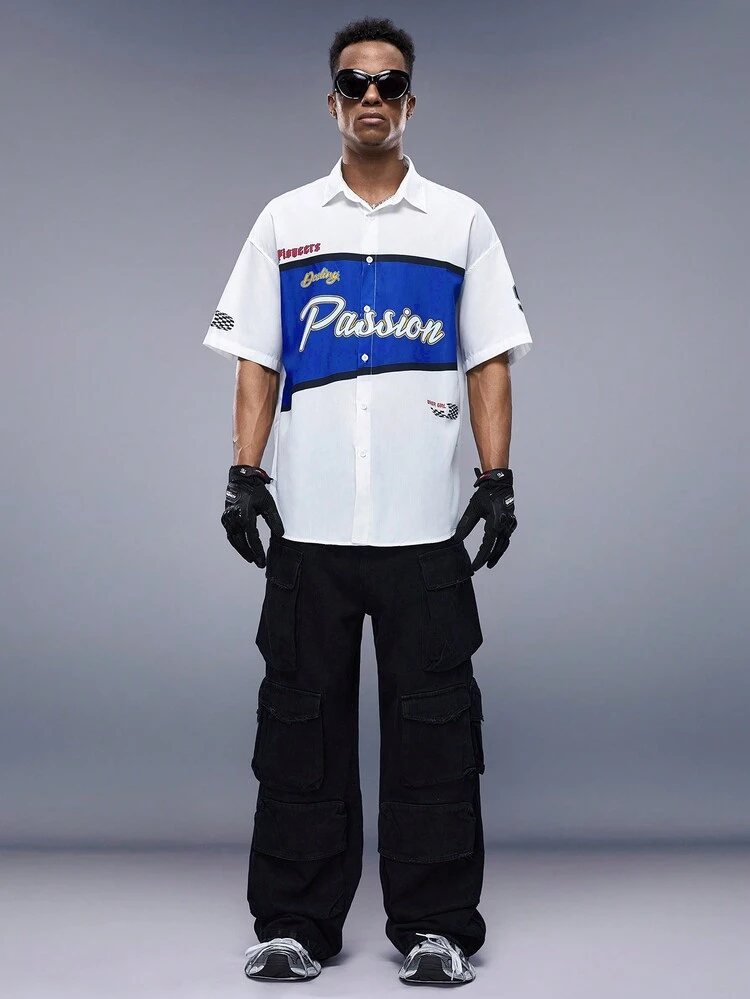 Oversized Men's Casual Short Sleeve Shirt With Letter Print
