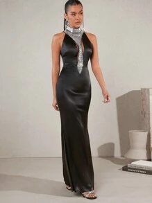 Hauture 高領鏤空打底鑲飾緞面連衣裙 - 黑色 - 查看 4