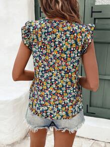 SHEIN Frenchy Camisa de cuello en V de estampado floral de verano con mangas abullonadas con volantes