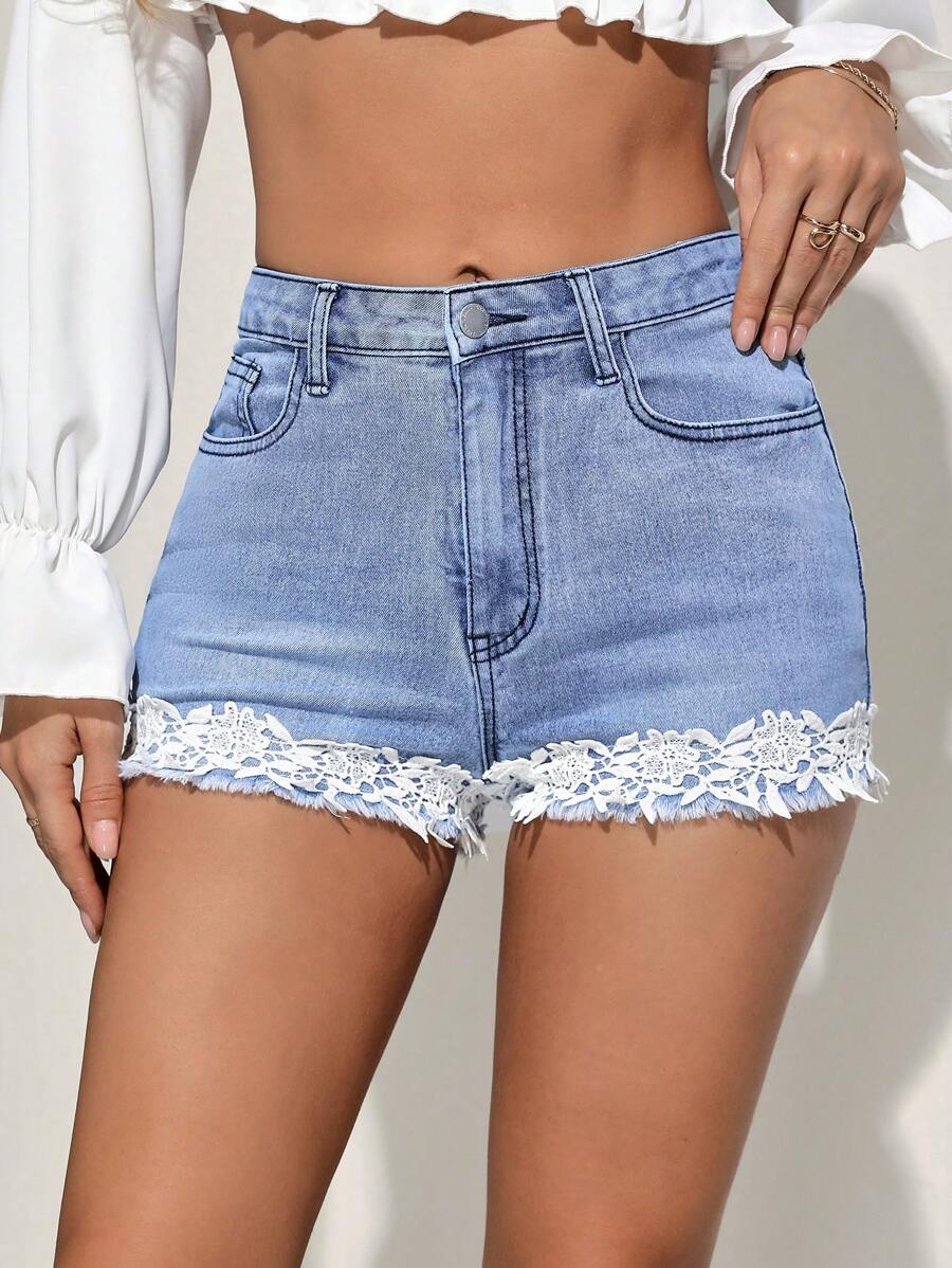SHEIN VCAY Beach Holiday Leisure Lace Patchwork Sexy Denim Ultra-Short Shorts In Blue