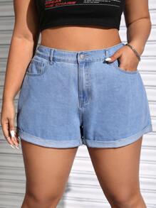 SHEIN EZwear Rozmiar Plus Damski Luźny krój Z mankietami Spodenki dżinsowe - Jasny jeans - Zobacz 1