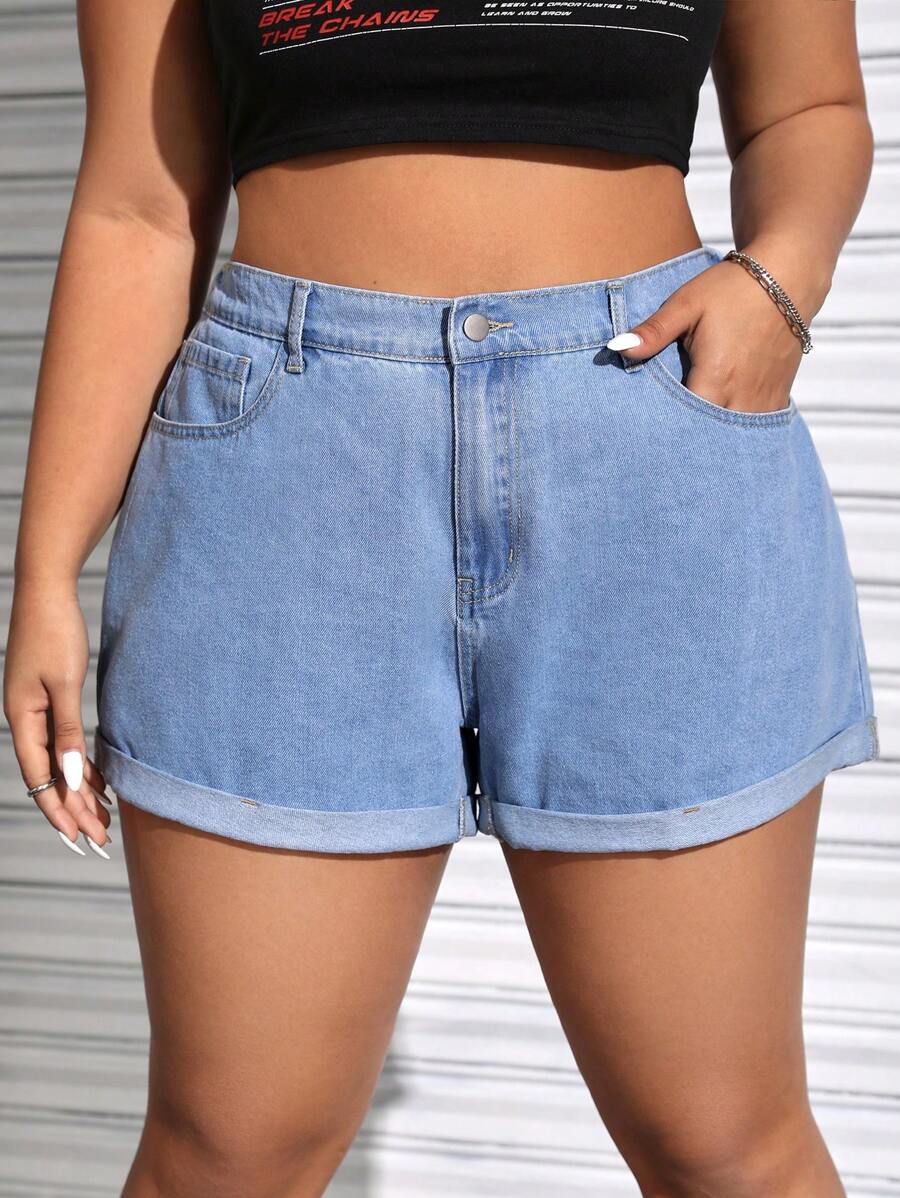 SHEIN EZwear Rozmiar Plus Damski Luźny krój Z mankietami Spodenki dżinsowe - Jasny jeans - Zobacz 1