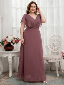 Plus Size Ruffle Front Short Sleeve Chiffon Formal Dress - Redwood - View 5