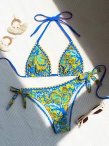 SHEIN Swim Bộ bikini riêng biệt có cổ in hình bãi biển mùa hè dành cho nữ - Nhiều màu - Xem 5