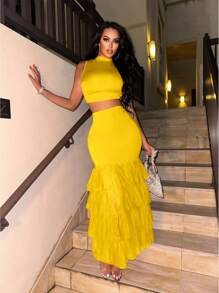 VaVaBold Solid Color Stand Collar Tank Top & Multi-Layer Ruffle Hem Skirt Two-Piece Set