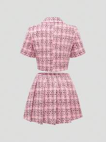 Sweetra Ladies' Plaid Band Collar Short Sleeve Top And Pleated Skirt Two Piece Set