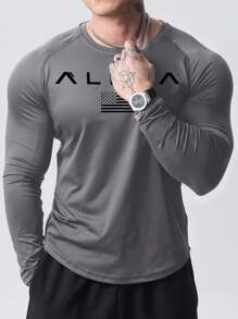 GymBeat 男友风男士字母和民族图案运动T恤，健身长袖上衣，男士健身上衣，秋季透气压缩衣，轻薄款 - 灰色 - 查看 3