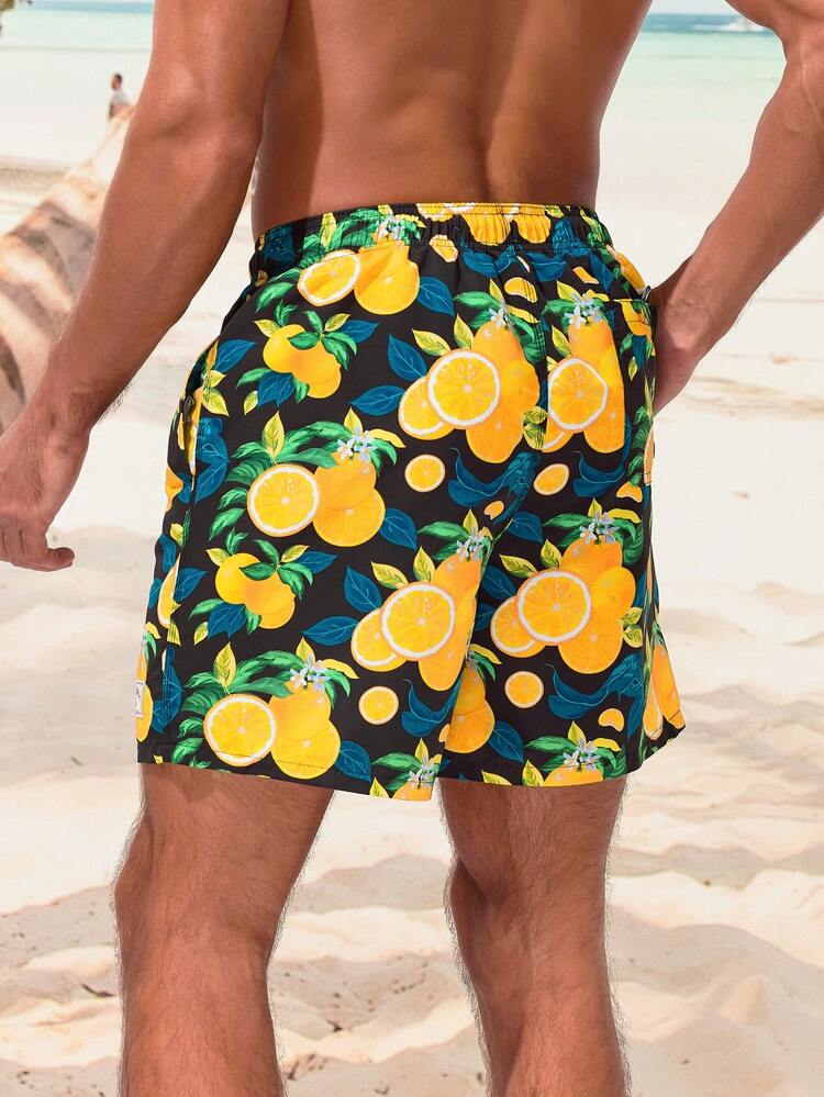 Men's Fruit Print Beach Shorts With Pockets