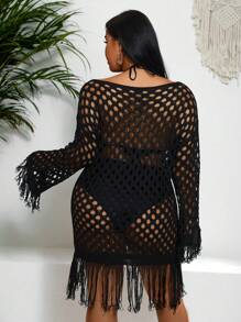 Swim Lushoire Summer Beach 1pc Plus Size Knitted Cover Up Dress With Fringe Decoration And Hollow Out Design - Black - View 2