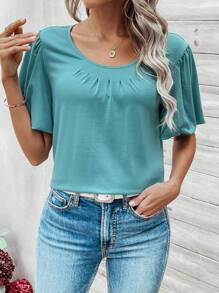 SHEIN LUNE 女士圓領短袖t恤,配有荷葉邊 - 藍色 - 查看 4