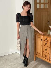 FRIFUL Của phụ nữ Lưới Ngắn tay Hình vuông Đường viền cổ áo Áo thun Với nút Chỉnh trang - màu đen - Xem 2