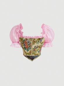 SHEIN MOD 女士拼色泡泡袖花卉提花短款衬衫 - 粉色 - 查看 2