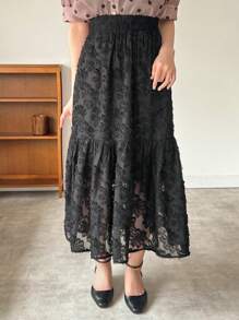 FRIFUL Falda evasé con estampado floral y volantes en el bajo para mujer - Negro - Ver 7
