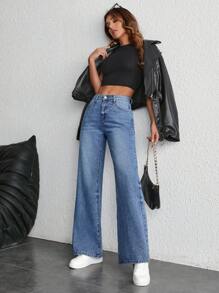 SHEIN Essnce Của phụ nữ Lỏng lẻo Thấp-Nâng cao Giò thẳng Quần jean Với Thêu Túi - Rửa trung bình - Xem 6