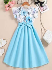 SHEIN Tween Girl's Floral Print Dress With Ruffle Trim And Waist Belt - Blue - View 1