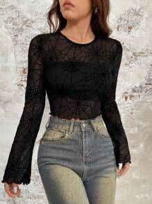 SHEIN EZwear 蜘蛛絨透視短上衣 - 黑色 - 查看 2