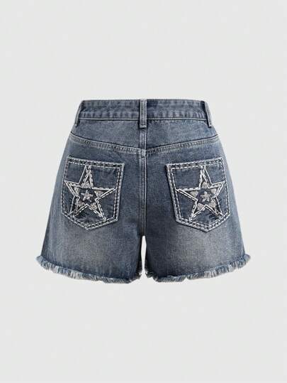 Goth Ladies' Denim Shorts With Star Embroidery And Beaded Detailing On Back Pocket, School