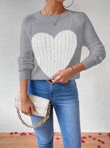 SHEIN Unity Heart Pattern Raglan Sleeve Sweater, Knit Pullover Fall Winter - Grey - View 6