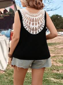 SHEIN LUNE Kích thước lớn Nối Hòa tan Ren Áo ba lỗ Với Vòng cổ - Nhiều màu - Xem 4