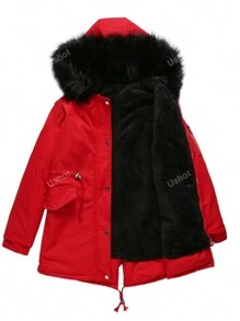 Women's Fleece Winter Coats Collar Long Sleeve Thickened Warm Furry Fluffy Hooded Jacket With Pocket Fashion Ski Windbreaker Outerwear