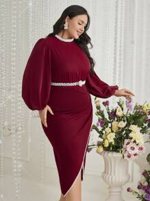 Modelyn Burgundy Red Plus Size Beaded Detail Lantern Sleeve Wrap Hem Dress Without Waist Chain Long Evening Dresses - Burgundy - View 6