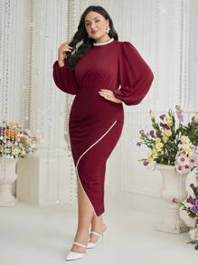 Modelyn Burgundy Red Plus Size Beaded Detail Lantern Sleeve Wrap Hem Dress Without Waist Chain Long Evening Dresses - Burgundy - View 7