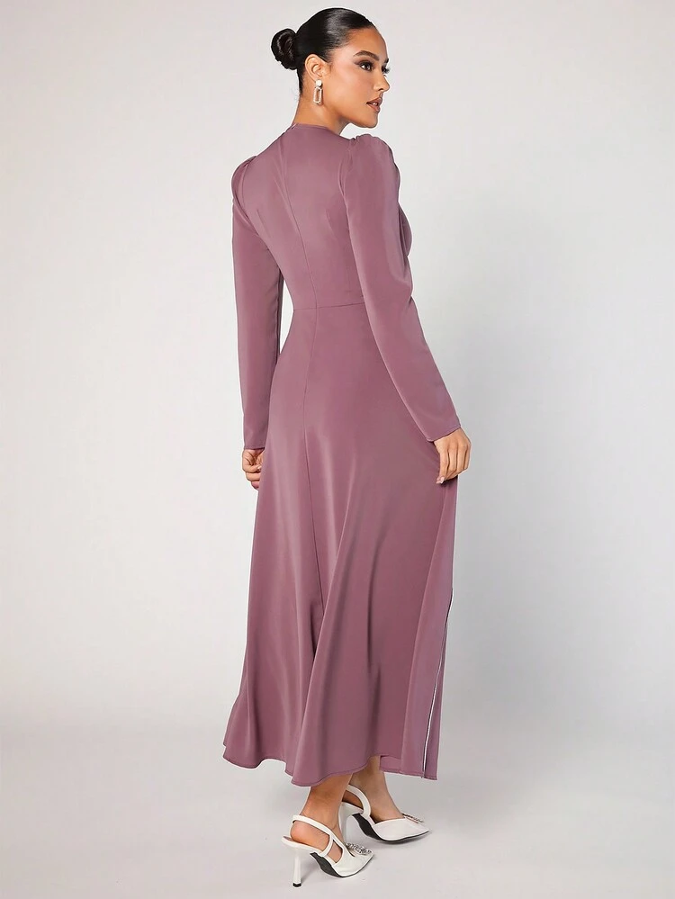 Women's Color Block Long Sleeve Dress With Rolled Hem Modest Dress,Elegant Evening Party Dress Long Evening Dresses