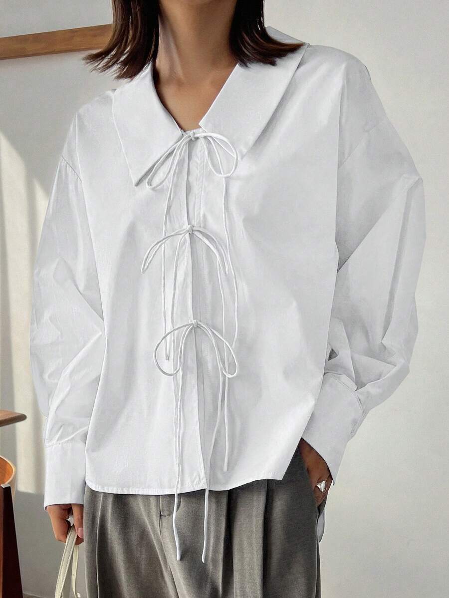 FRIFUL 女式纯色长袖系带衬衫，返校服 - 白色 - 查看 1