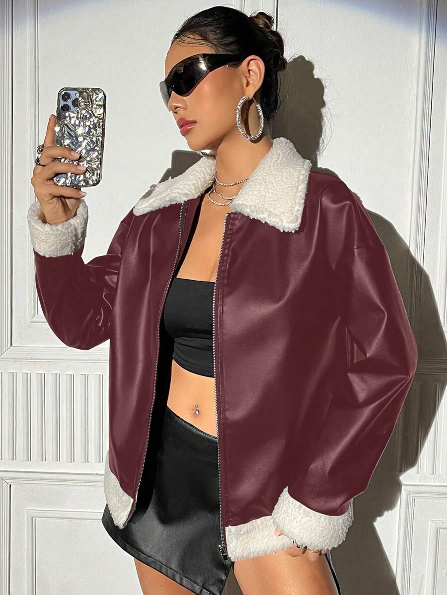 SHEIN Unity 女性毛絨對比色大襟領長袖外套