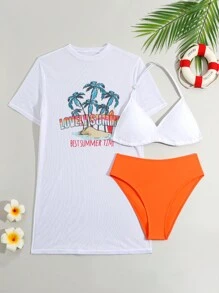 Teen Girl Triangle Halter Top And Triangle Bikini Bottom Bikini Set With Coconut Tree And Letter Pattern Cover Up 3pcs Summer Beach - Multicolor - View 1