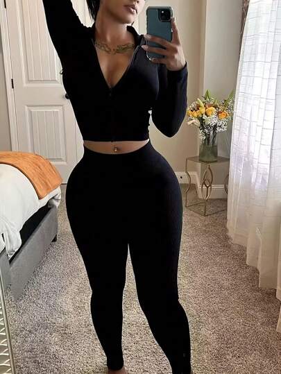 European And American Women's Fashionable, Slim-Fit Top With Zipper, Street Style, And Simple Ribbed-Knit Long-Sleeved Top And Long Pants Set For Autumn And Winter