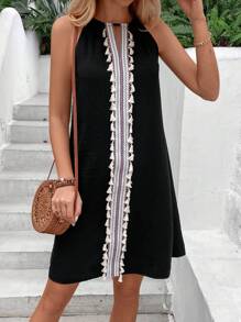 Breezaya Của phụ nữ Họa tiết Hình học Nối Dệt Viền tua Halterneck Đầm - màu đen - Xem 6