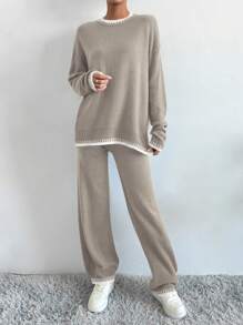SHEIN LUNE Women's Contrast Color Decorated Long Sleeve Sweater And Knitted Pants Two-Piece Set - Multicolor - View 6