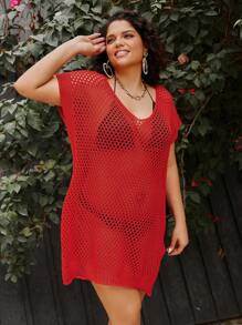SHEIN LUNE Plus Size Solid Color Hollow Out Knitted Sweater Dress - Red - View 4