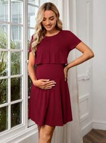 SHEIN Maternity Round Neck Short Sleeve Nursing Dress