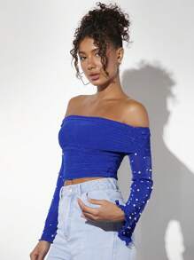 SHEIN BAE Women's Beaded Pearl Detail Off Shoulder Crop Top - Royal Blue - View 5