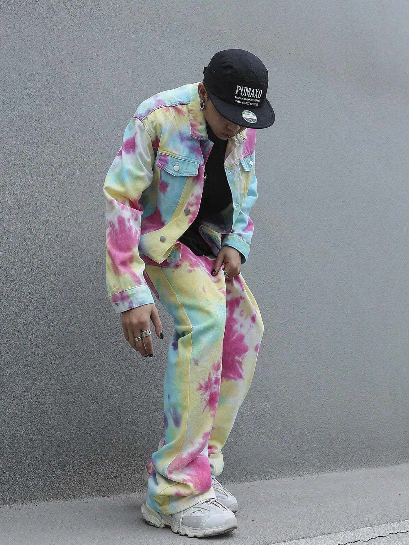 Manfinity EMRG Men's Tie Dye Printed Jeans Baggy Long Acid Wash Skater ...