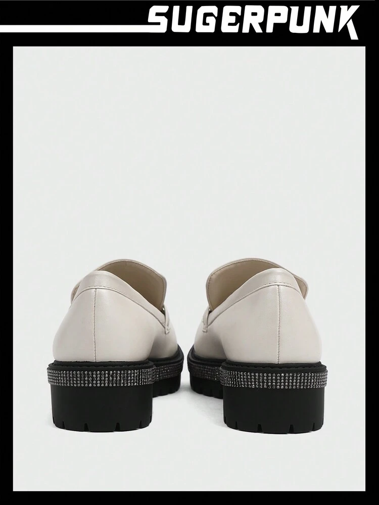 Women's Beige Round Toe Chunky Heel Work Shoes With Rhinestone Strip, Casual & Unisex Loafers