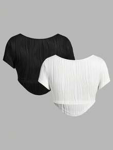 SHEIN Unity 單色紋理不對稱下擺短t恤 - 白色 - 查看 2