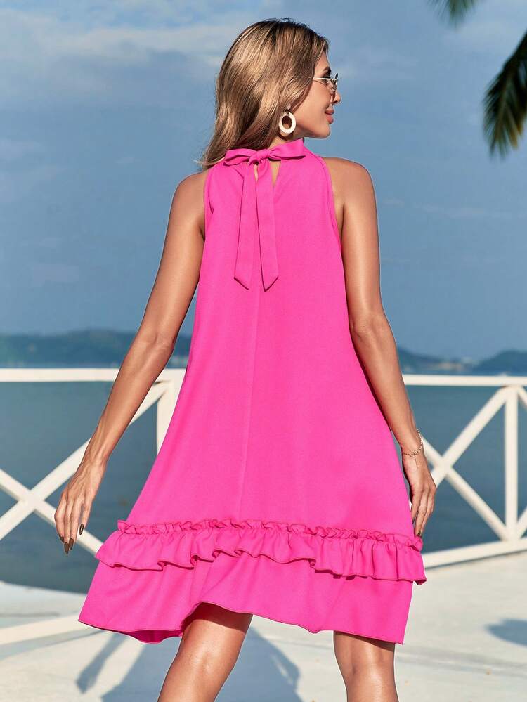 Women's Solid Color Ruffle Edge Halterneck Dress