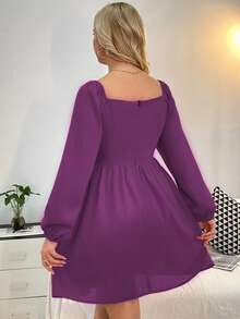 Plus Solid Surplice Neck Bishop Sleeve Dress - Purple - View 2