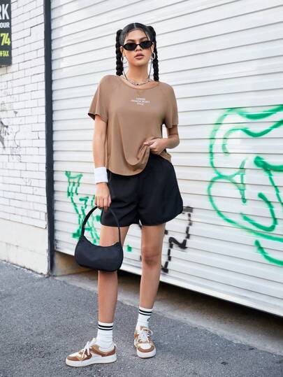 Street Sport Women's Letter Print Raglan Sleeve Sport T-Shirt