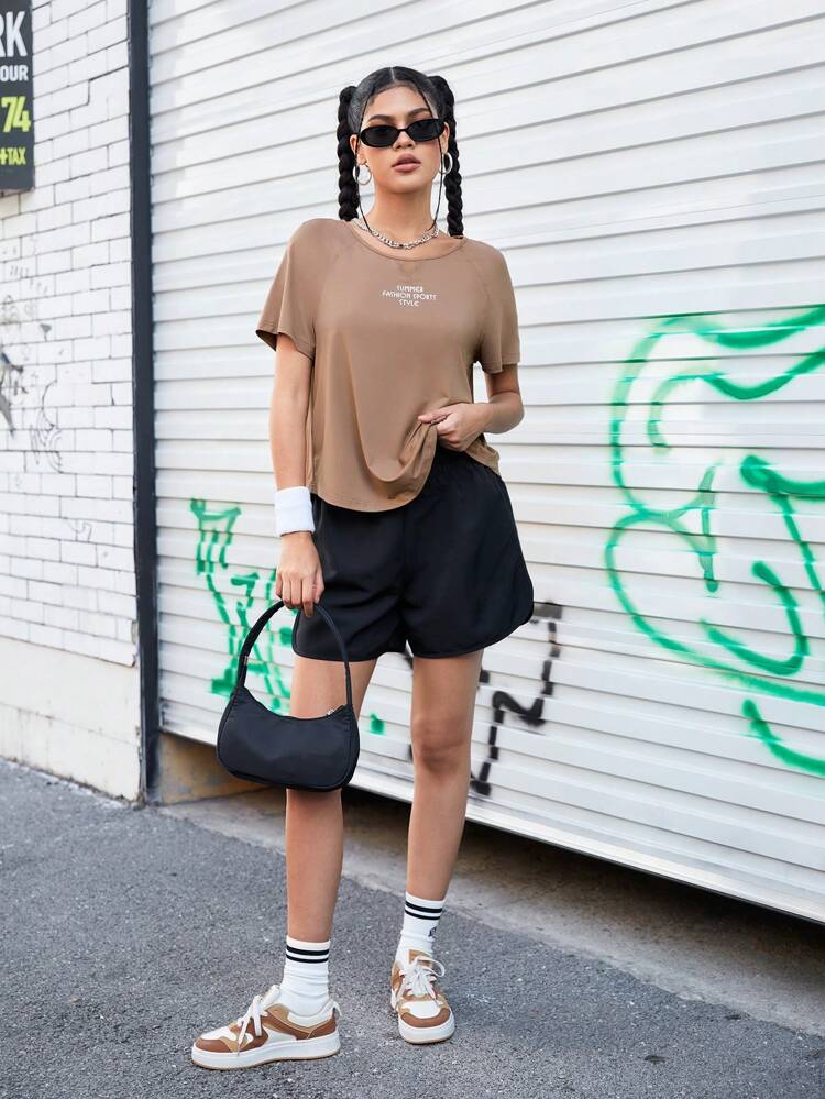 Women's Letter Print Raglan Sleeve Sport T-Shirt