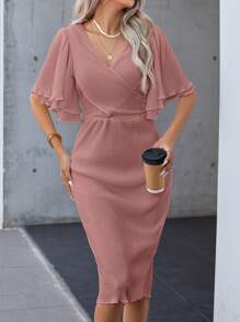 SHEIN Privé Rochie de damă cu decolteu în V cu mâneci cu volan - Roz - Vizualizare 5