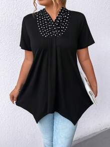 SHEIN Clasi Plus Size Polka Dot Pattern Asymmetrical Hem T-Shirt With Patchwork - Black - View 1