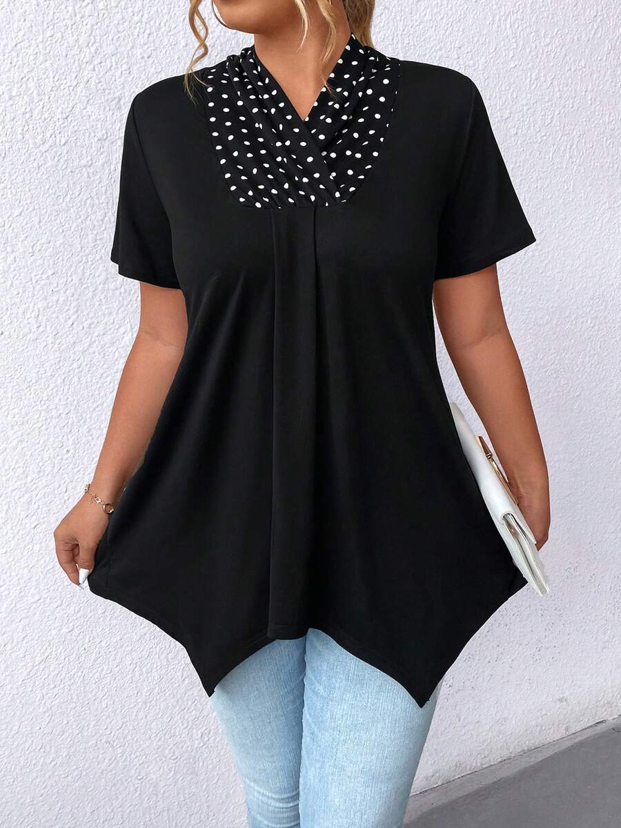 SHEIN Clasi Plus Size Polka Dot Pattern Asymmetrical Hem T-Shirt With Patchwork - Black - View 1