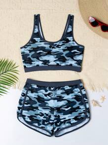 Teen Girls' Camouflage Print Tank Top And Shorts Bikini Set - Grey - View 1